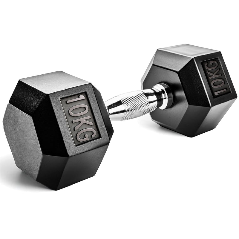 Pair of Slovic 10 kg hexagonal dumbbells with '10KG' marking on a white background