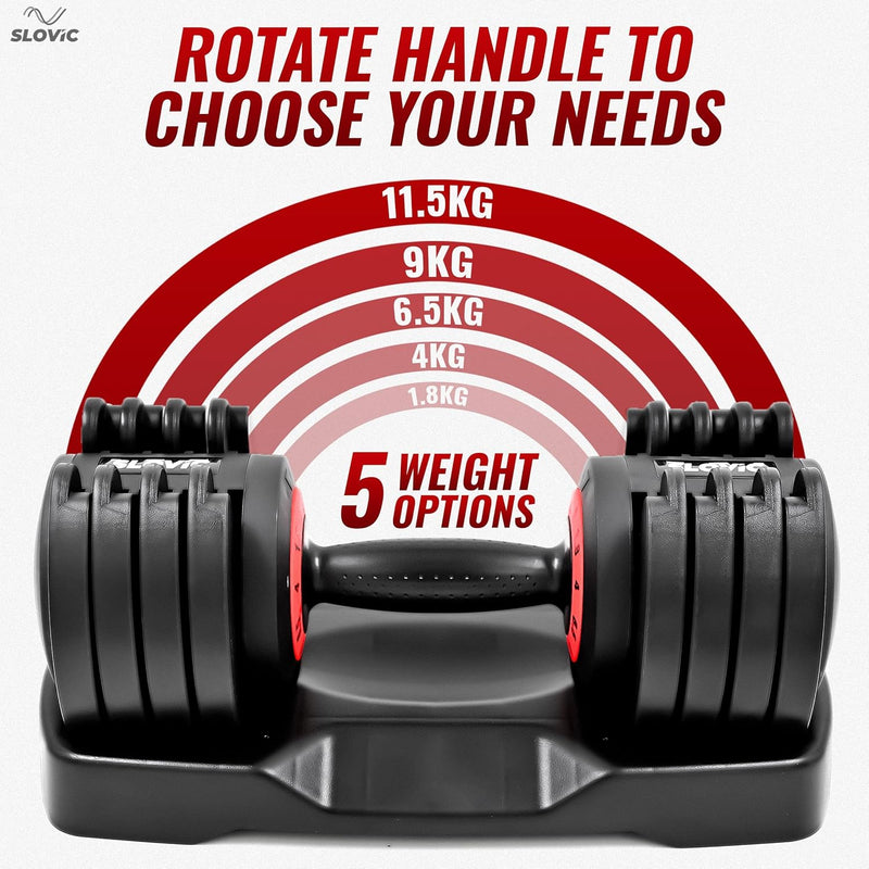 Pair of Slovic adjustable dumbbells with weight options displayed on a white background