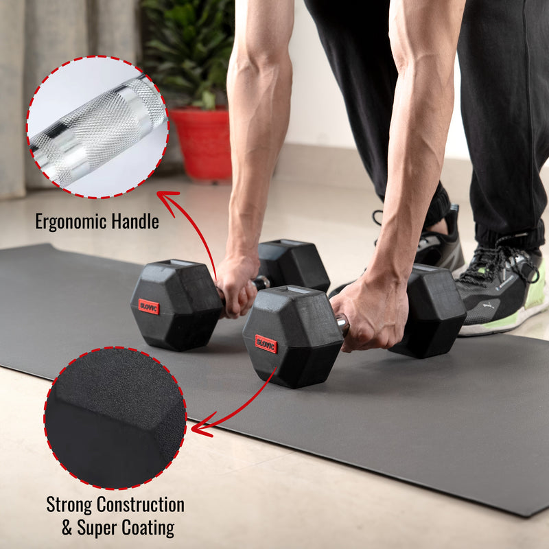 Person using Slovic dumbbells on a
slovic yoga mat with close-up details of ergonomic handle and strong construction.