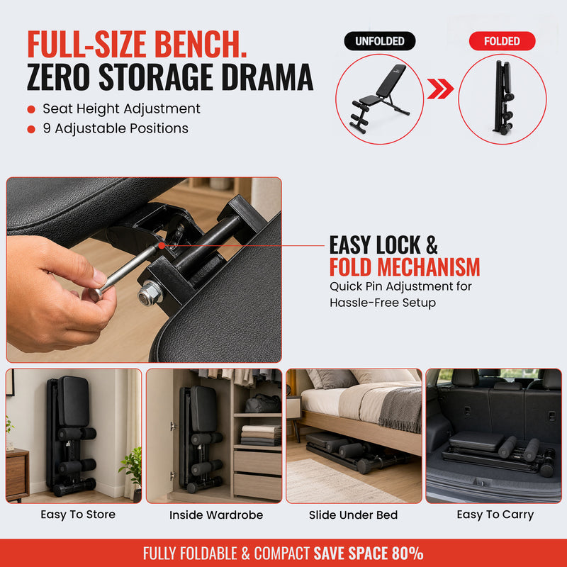 Product advertisement for a full-size Slovic bench with storage features and lock & fold mechanism.