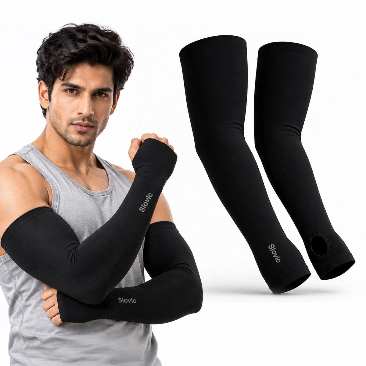 Arm Sleeves with Thumb - Black - Sports & Outdoor Use
