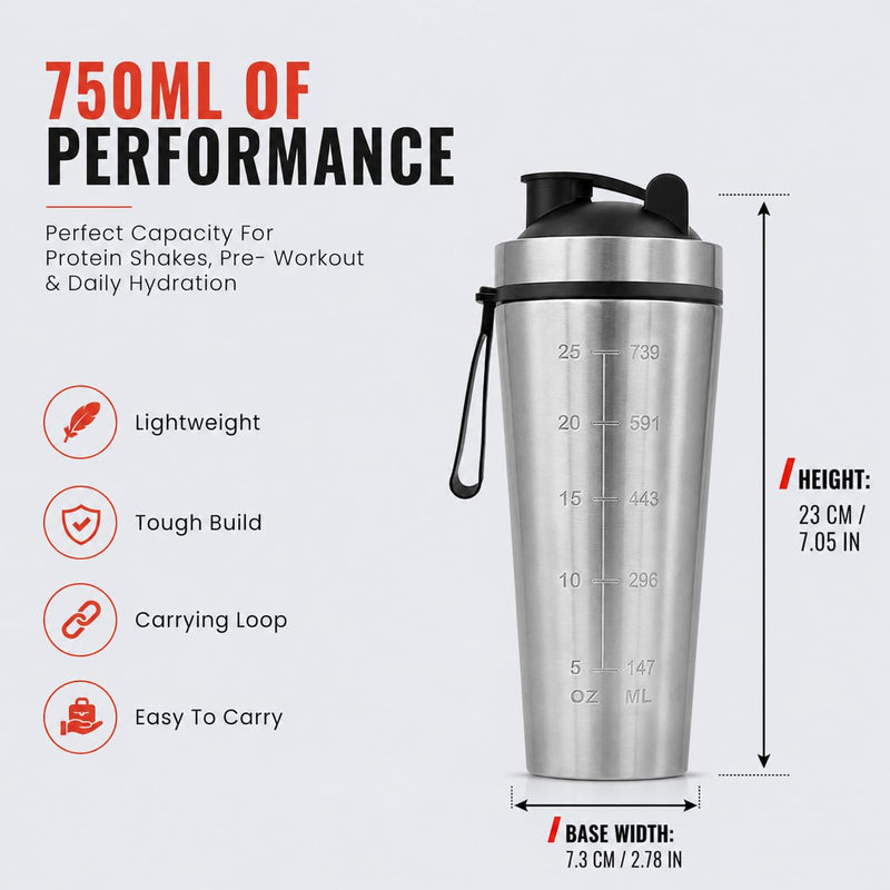 Stainless Steel Shaker Bottle - 750ml - Silver - Gym & Protein Shaker