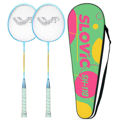 Two light blue and yellow badminton rackets with white strings next to a green, pink, and yellow SLOVIC SH-110 carrying case on a white background.