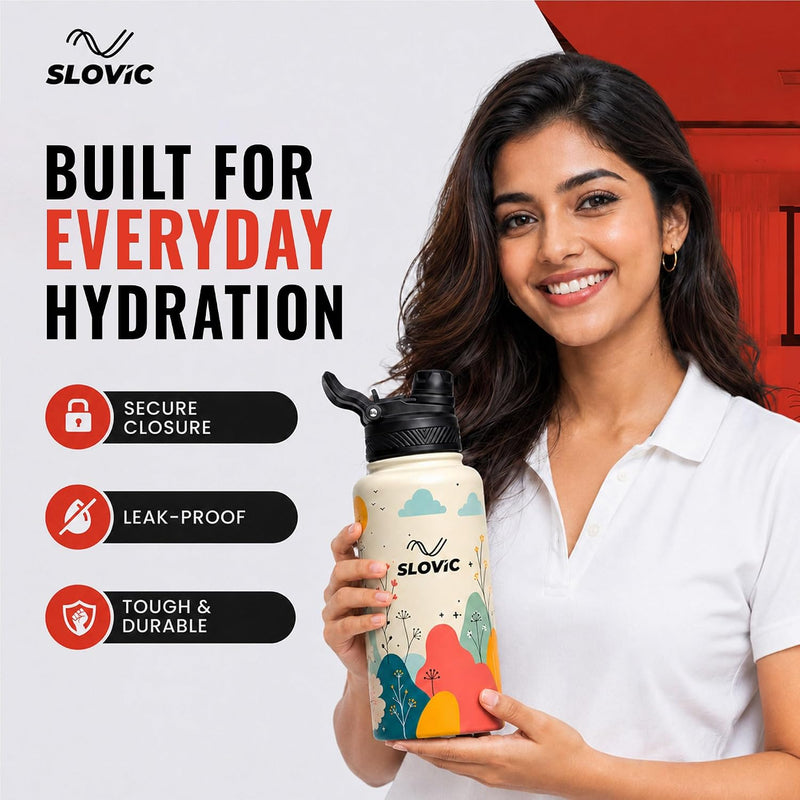 Insulated Water Bottle - 1 Litre - Up to 24 Hrs Hot & 12 Hrs Cold - Meadow Design