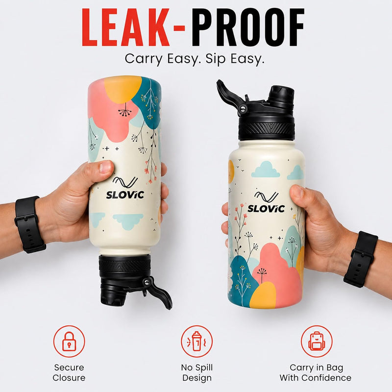 Insulated Water Bottle - 1 Litre - Up to 24 Hrs Hot & 12 Hrs Cold - Meadow Design