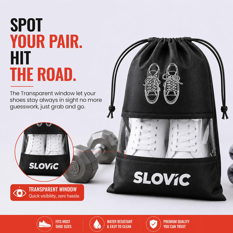 Tiger Shroff wearing white Slovic sneakers in a black drawstring bag with a transparent window.