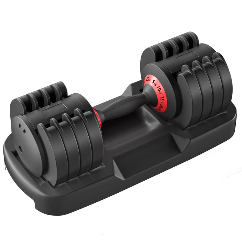 Slovic Adjustable dumbbell set with black rubber handles and a gray steel frame, including a weight plate adjustment mechanism.
