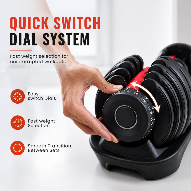 Hand adjusting a weight plate with text highlighting quick switch dial system on a white background