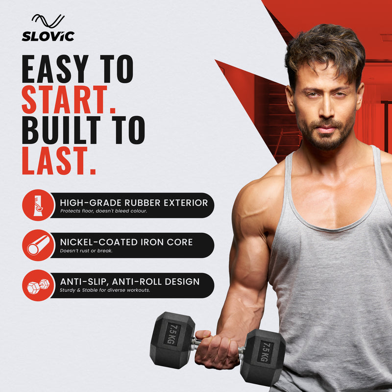 Advertisement for Slovic dumbbells featuring Tiger Shroff holding dumbbells with product features listed.
