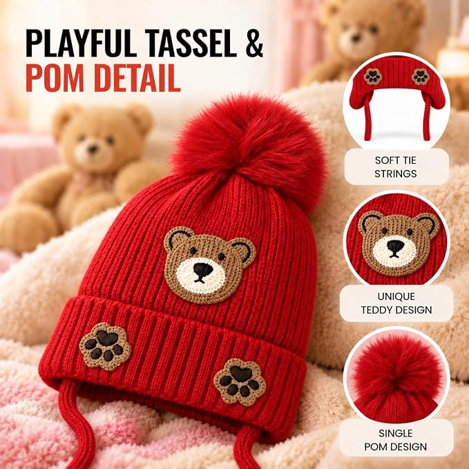 TeddyWarm Kids Winter Cap – Red