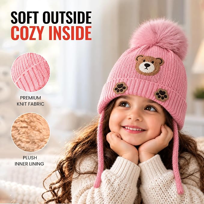 TeddyWarm Pink Winter Cap for Kids