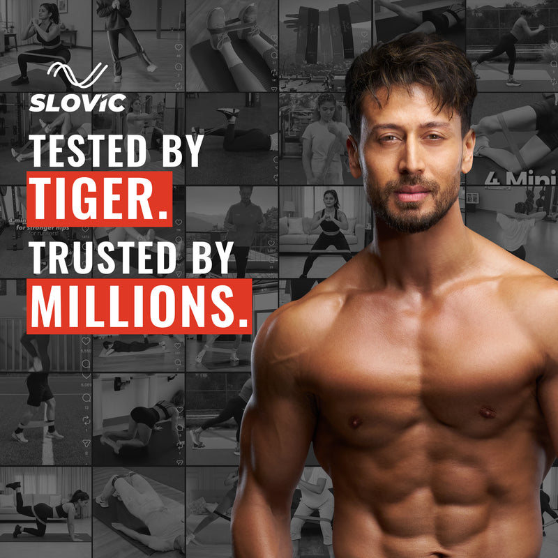 Tiger Shroff in front of a collage of fitness images with Slovic branding.