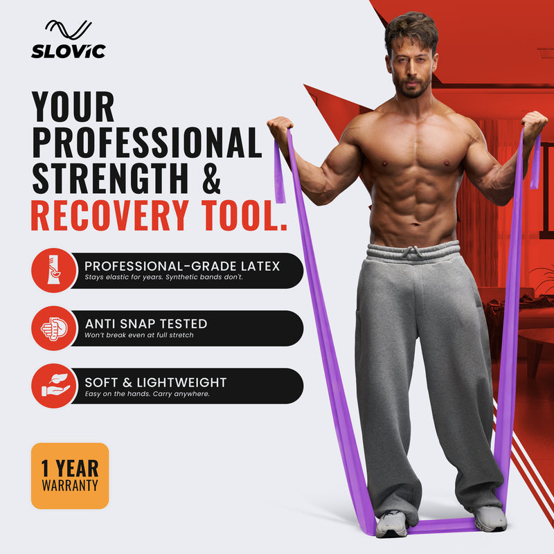 Tiger Shroff using a Slovic purple resistance band with Slovic branding and product features on a white background