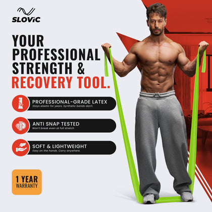 Tiger shroff using a green resistance band with Slovic branding and product features on a white background