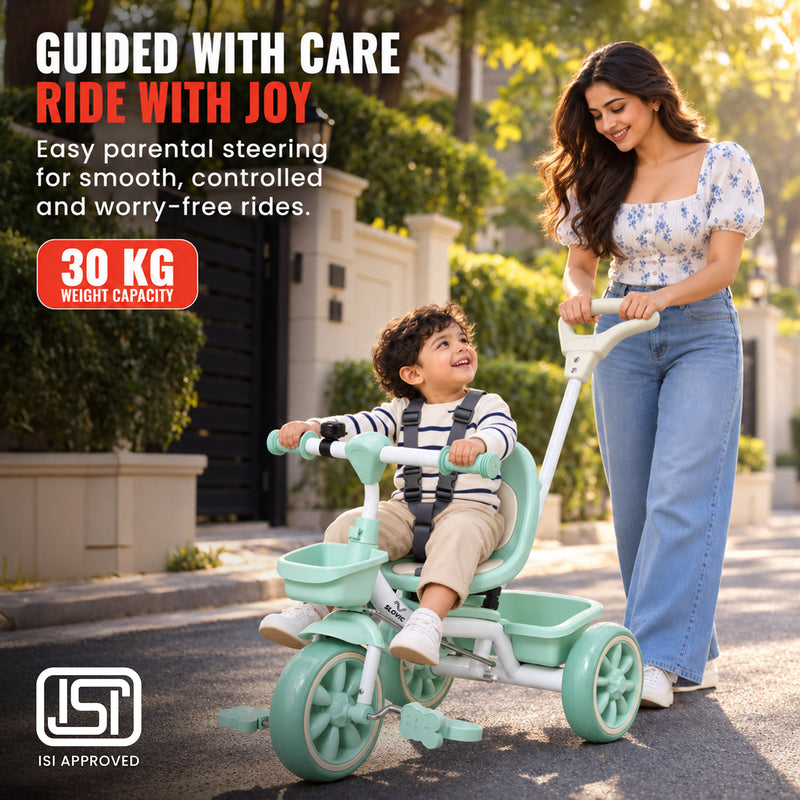 Joy Wheels Tricycle with Parental Handle - Green & Ivory