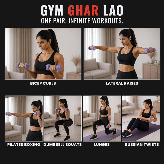 Woman performing various gym exercises with neoprene dumbbells in a home setting, featuring the brand 'Gym Ghar Lao'. "Slovic"