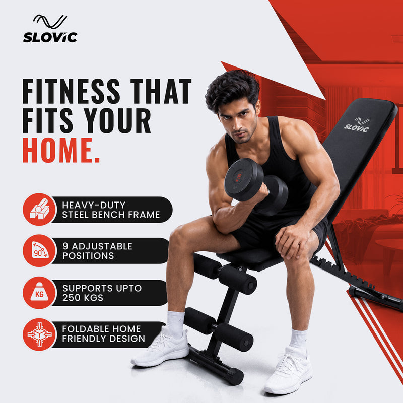 Man using a fitness bench with Slovic branding and product features listed.