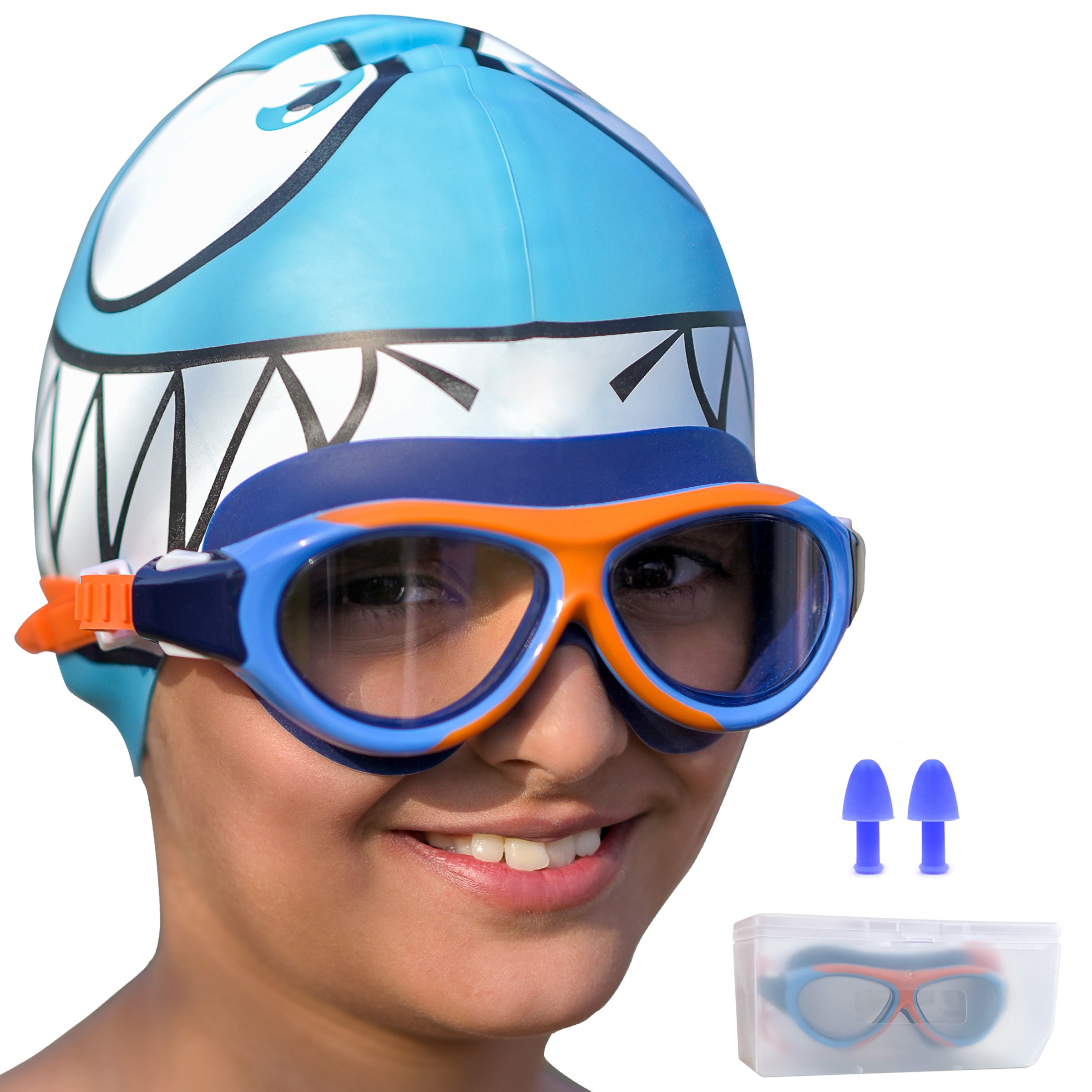 Swimming Goggles for Kids (Orange) – UV & Anti-Fog | Includes Ear Plugs & Nose Clip