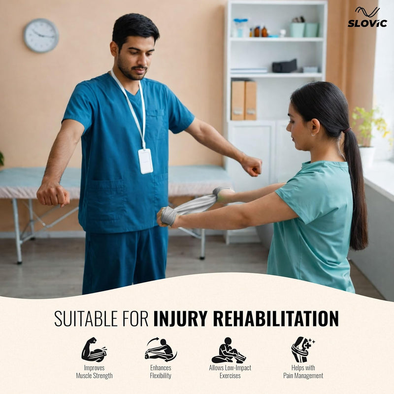 Physiotherapist assisting a patient in a rehabilitation setting with Slovic thera band