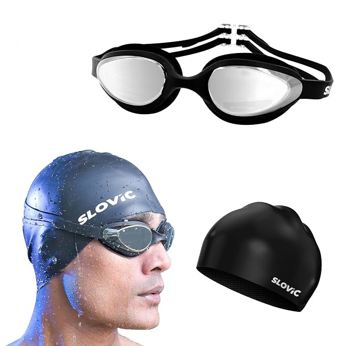 Swimming Goggles and Silicone Cap Combo – Black, Anti-Fog, UV Protection