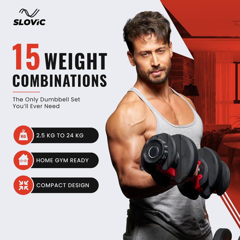 Tiger Shroff with the Slovic 24 kg adjustable dumbbell, a heavy-duty choice for home strength training