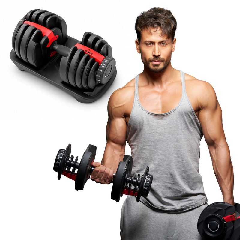 Tiger Shroff with the Slovic 24 kg adjustable dumbbell, a versatile choice for home strength training