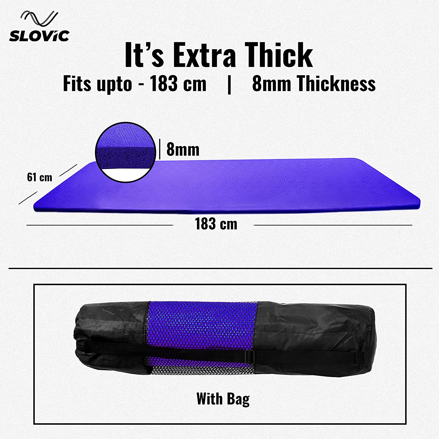 Slovic Non-Slip & Thick Cushion Yoga Mat with Bag (Tpe 8Mm)