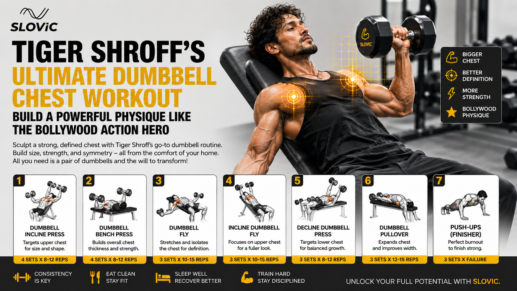 Tiger Shroff doing chest excesses with Slovic dumbbells 