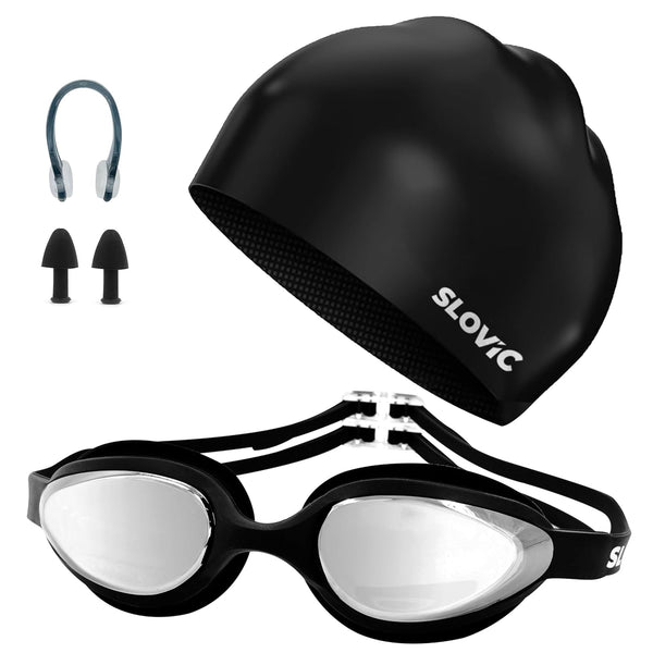 Swimming Combo – Goggles & Silicone Cap, Anti‑Fog, UV Protection, Universal Fit (Black)