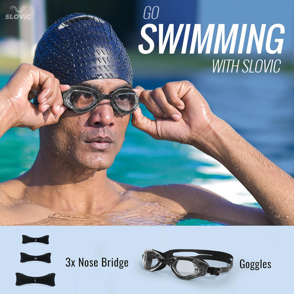 Swimming Goggles (Silicone) – Anti-Fog, UV Protection, Adjustable & Tangle-Free (Black)