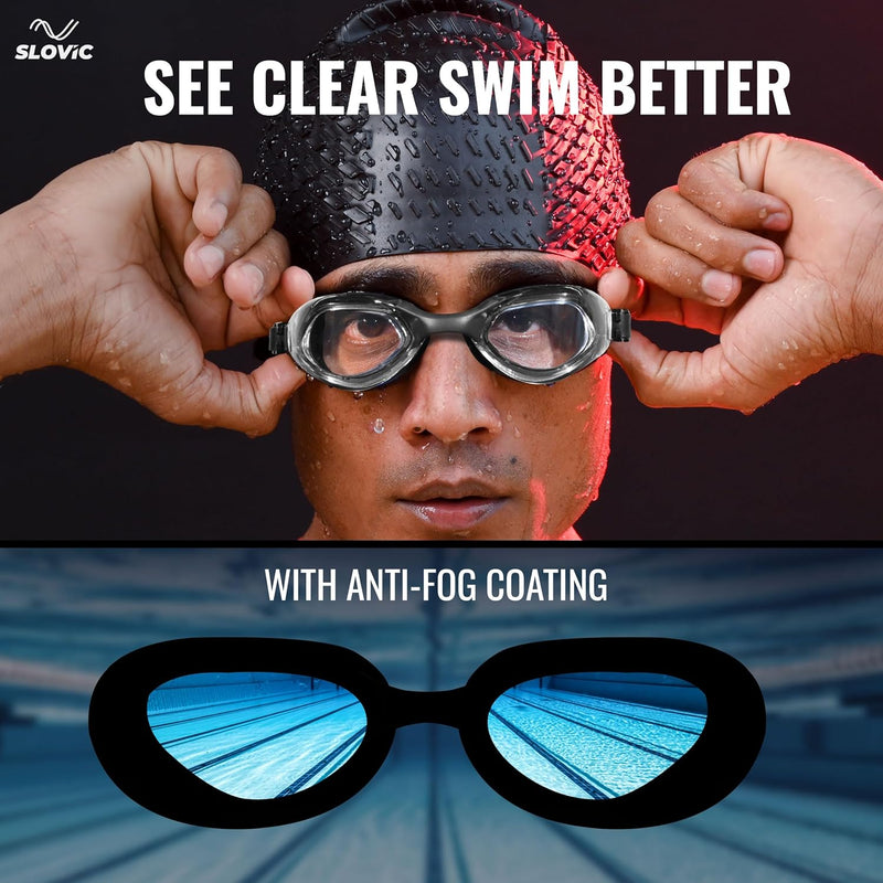Swimming Goggles (Silicone) – Anti-Fog, UV Protection, Adjustable & Tangle-Free (Black)