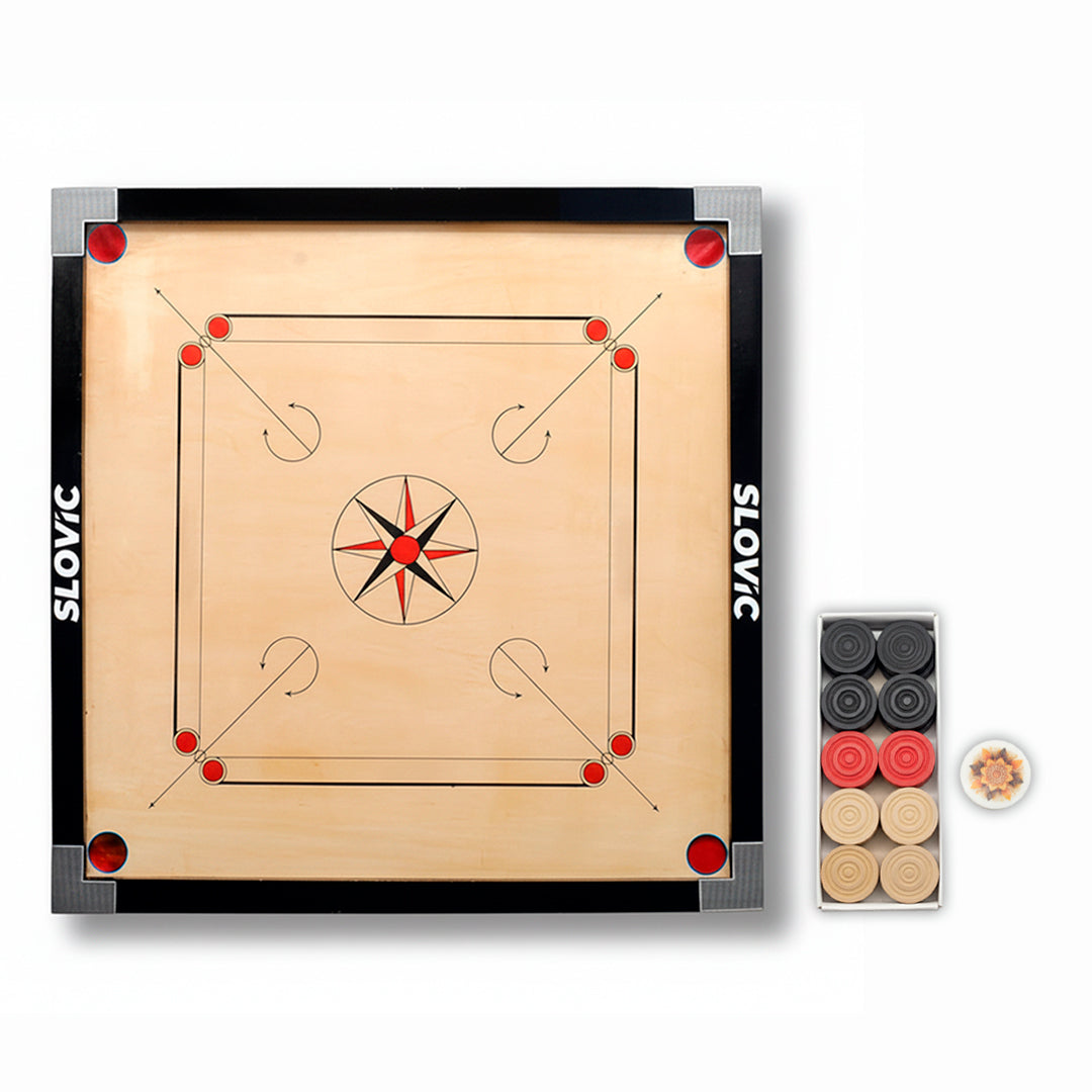 Carrom board set with pieces on a white background