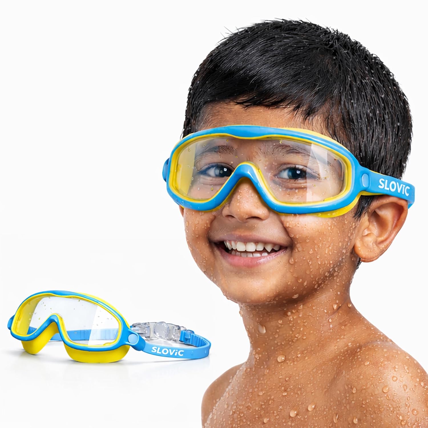 Swimming Goggles for Kids (Yellow) – UV & Anti-Fog | Includes Ear Plugs & Nose Clip