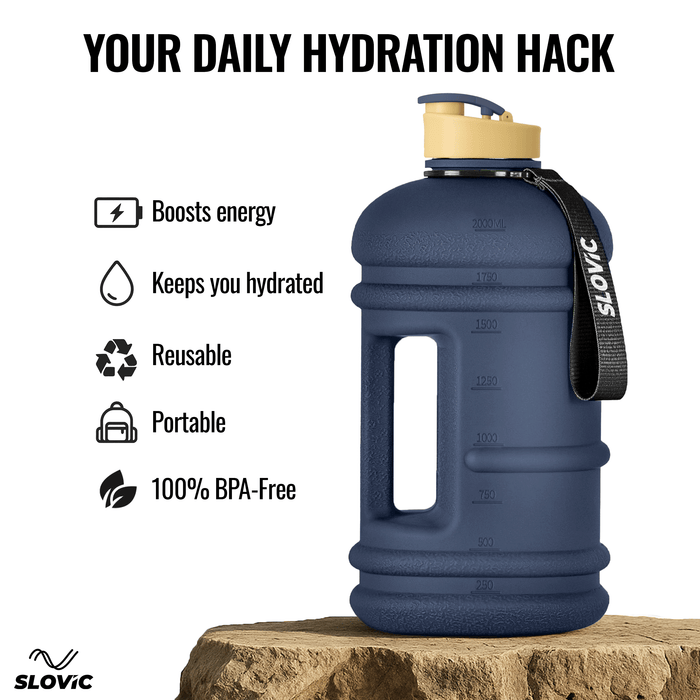 SLOVIC Gallon Gym Water Bottle [2.2 Ltr] | Gym Motivational Sipper Water Bottle for Adults | 100% BPA Free & Leakproof | Ergonomic Handle & Carrying Loop | Matt Blue