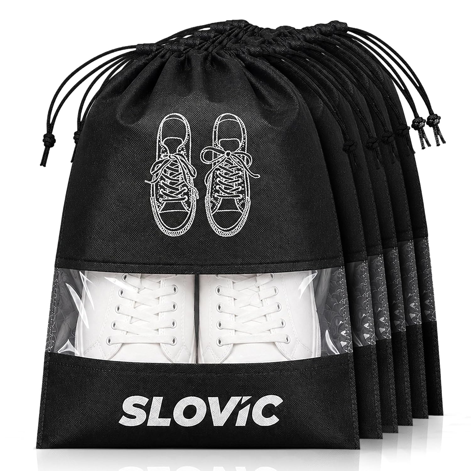 Shoe Bag for Men & Women [Pack of 6] - Travel Shoe Organizer with See-Through Window - Black