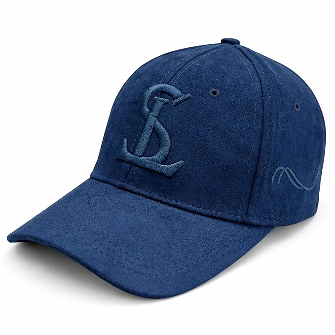 Blue baseball cap with a logo on a white background