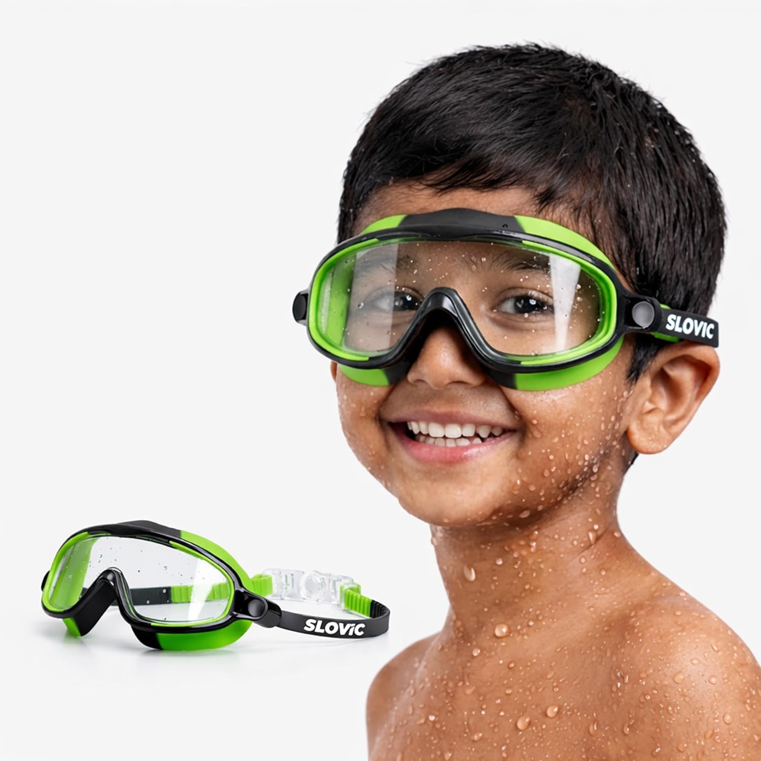 Swimming Goggles for Kids (Green) – UV & Anti-Fog | Includes Ear Plugs & Nose Clip