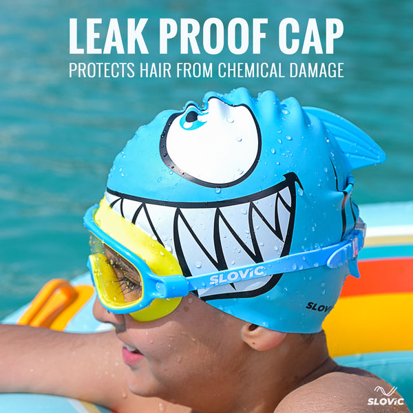 Shark Print Swimming Cap for Kids – Silicone, Chlorine Protection, Drag Reduction, Free Size (Blue)