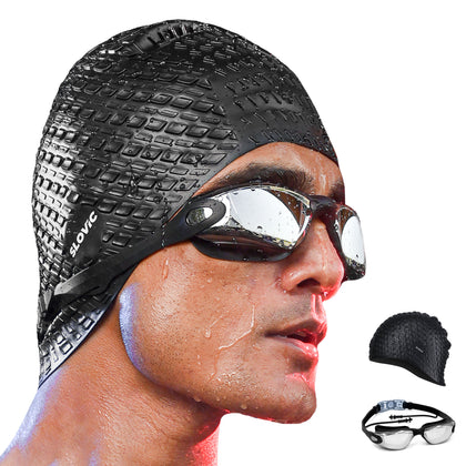 Swimming Combo – Unisex Goggles & Silicone Cap, Anti‑Fog, UV Protection, Universal Fit (Black)
