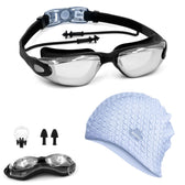 Swimming Combo – Goggles & Silicone Cap, Anti‑Fog, UV Protection, Universal Fit (Black + Blue)