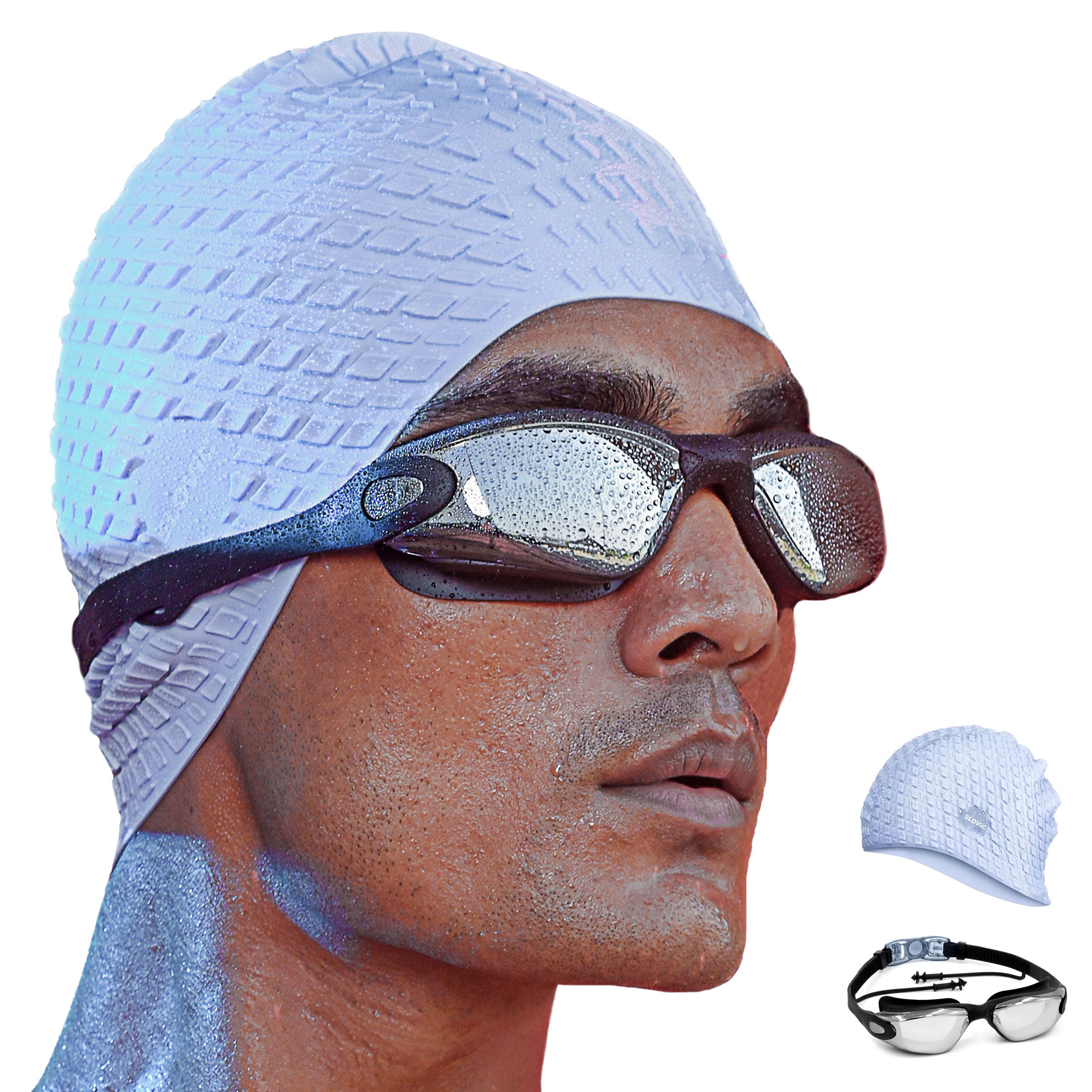 Swimming Combo – Goggles & Silicone Cap, Anti‑Fog, UV Protection, Universal Fit (Black + Blue)