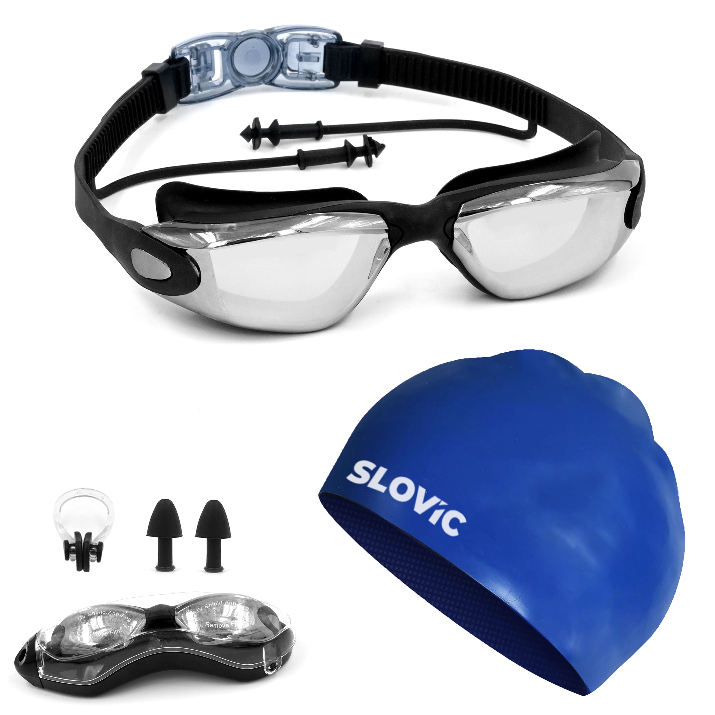 Swimming Combo – Goggles & Silicone Cap, Anti‑Fog, UV Protection (Black & Blue)