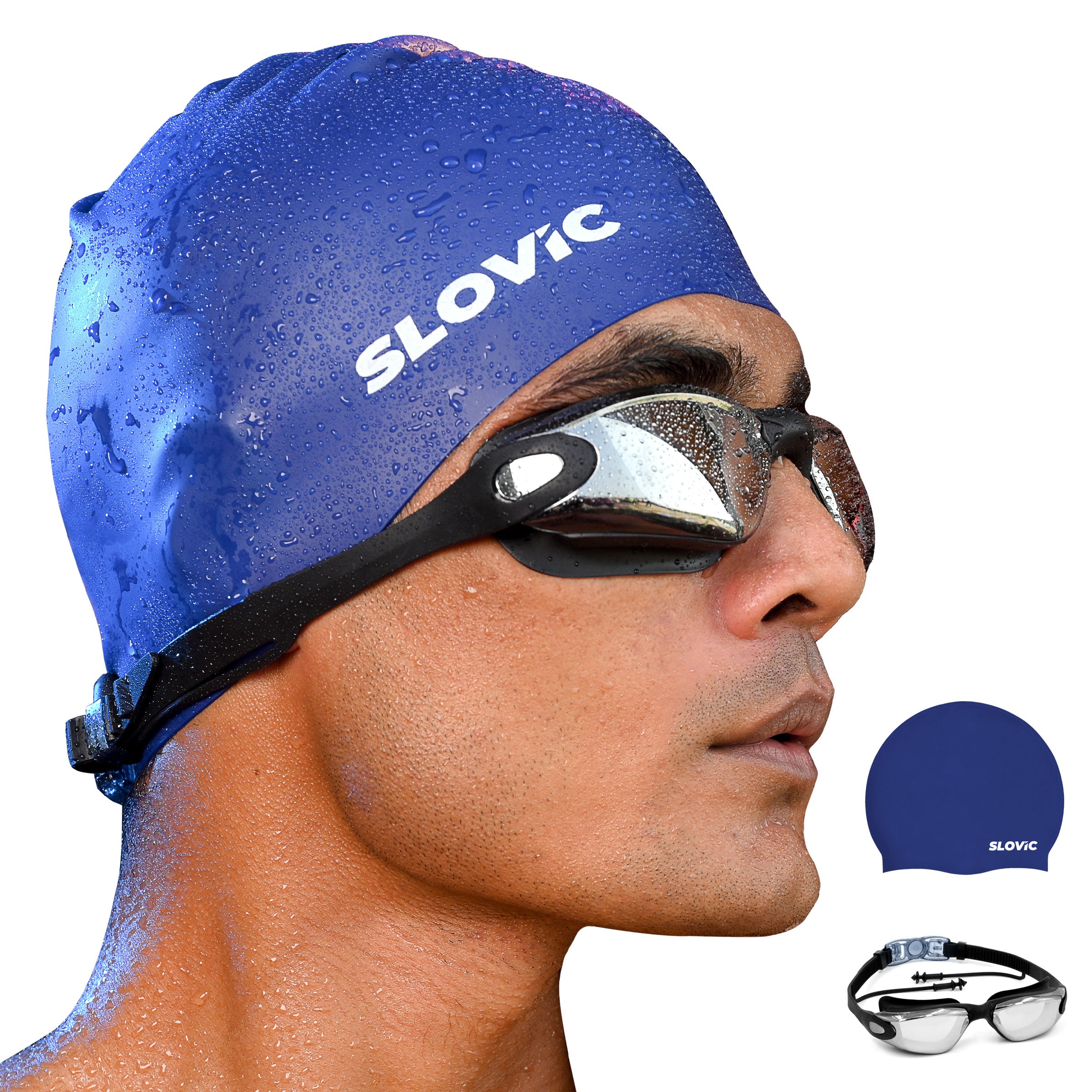 Swimming Combo – Goggles & Silicone Cap, Anti‑Fog, UV Protection (Black & Blue)