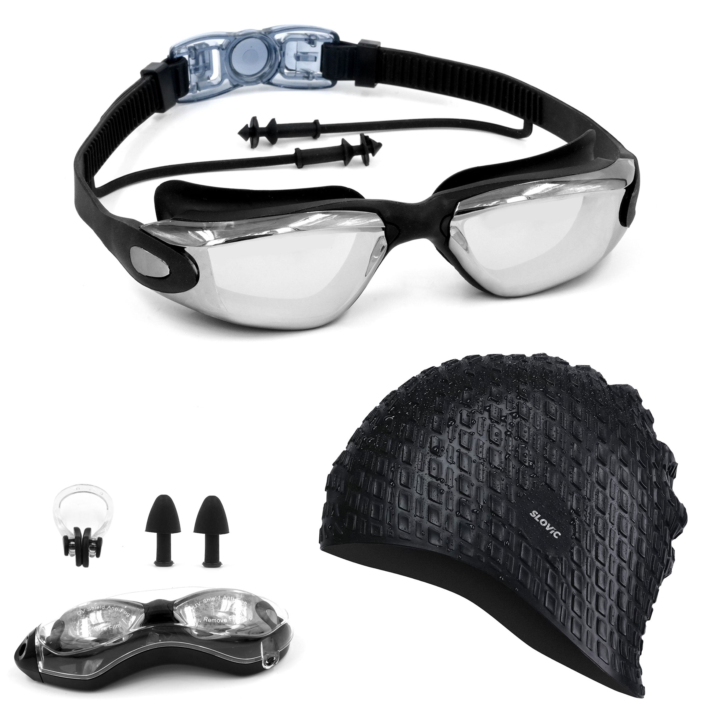 Swimming Combo – Unisex Goggles & Silicone Cap, Anti‑Fog, UV Protection, Universal Fit (Black)