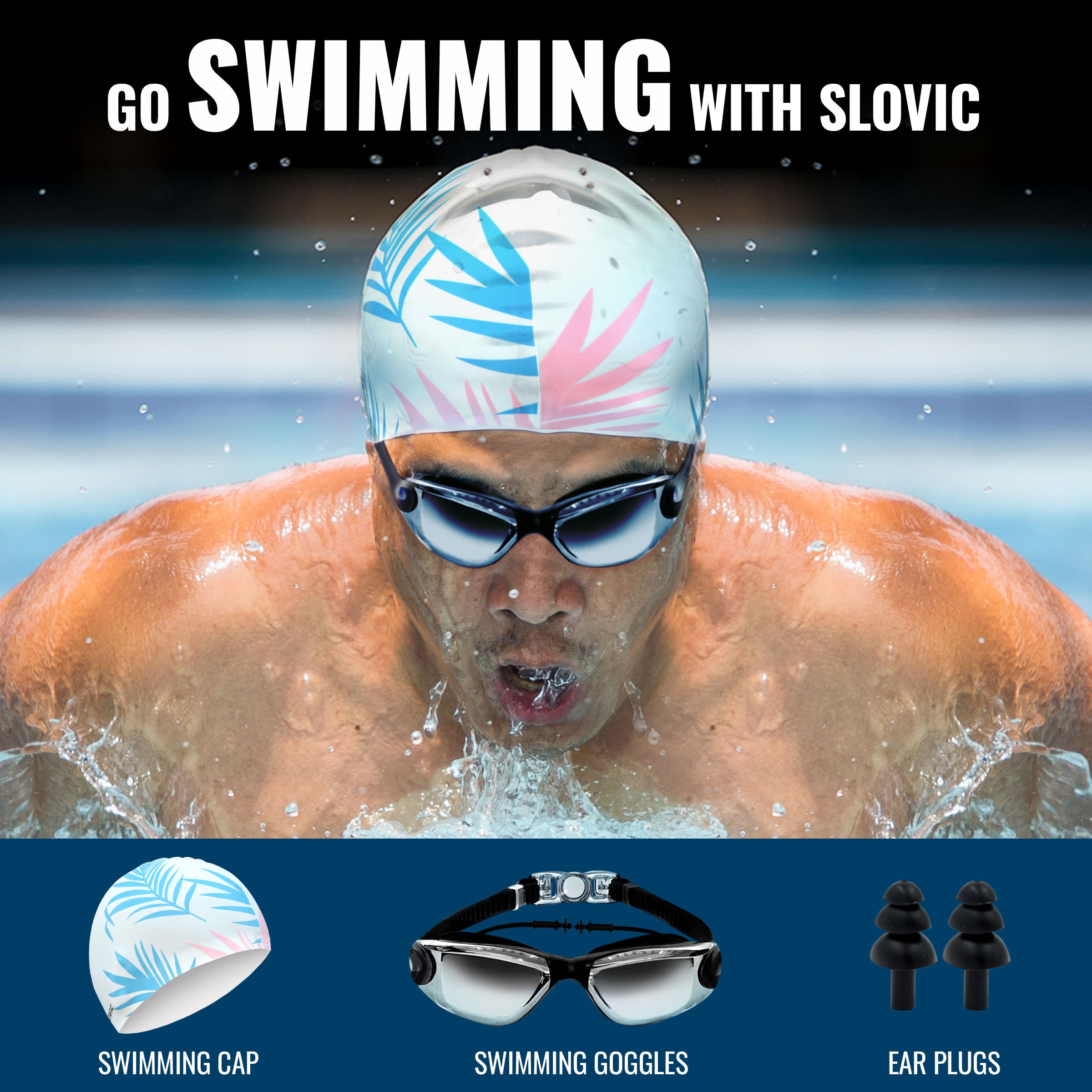 Swimming Combo – Goggles & Silicone Cap, Anti‑Fog, UV Protection | Adult | (White Leaf & Black)