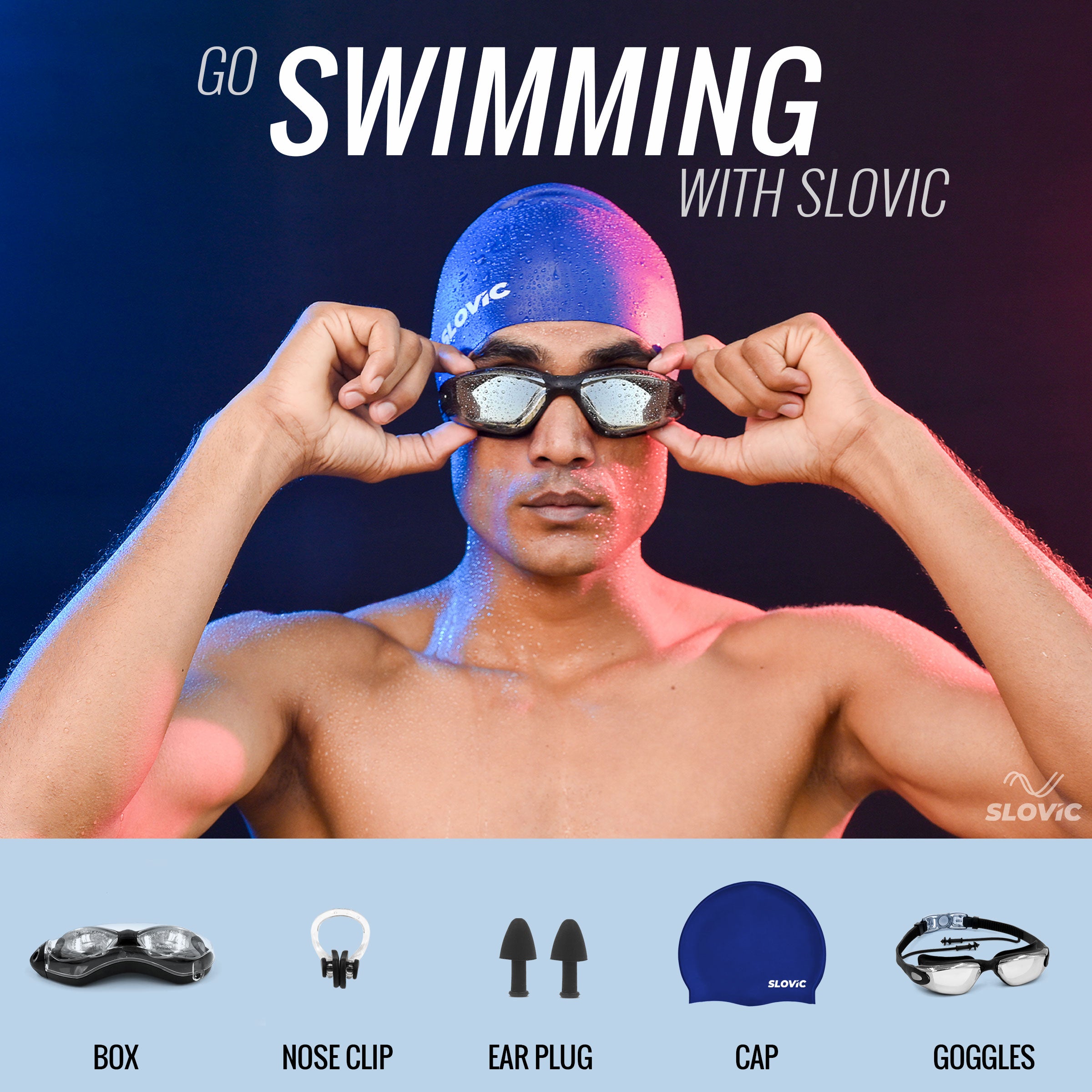 Swimming Combo – Goggles & Silicone Cap, Anti‑Fog, UV Protection (Black & Blue)