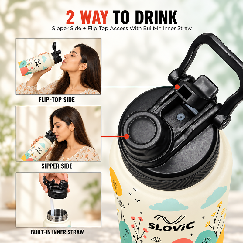 Insulated Water Bottle - 1 Litre - Up to 24 Hrs Hot & 12 Hrs Cold - Meadow Design