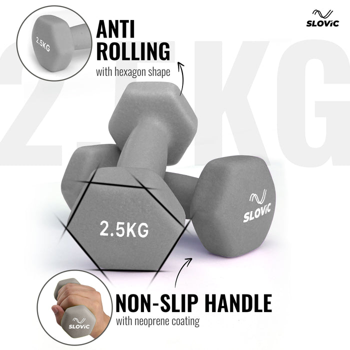 Slovic Dumbbell Set [2.5 Kg Each] | Neoprene Dumbbells for Home Gym Workout | Anti-Skied Iron Dumbell | Equipment for Women [Grey]