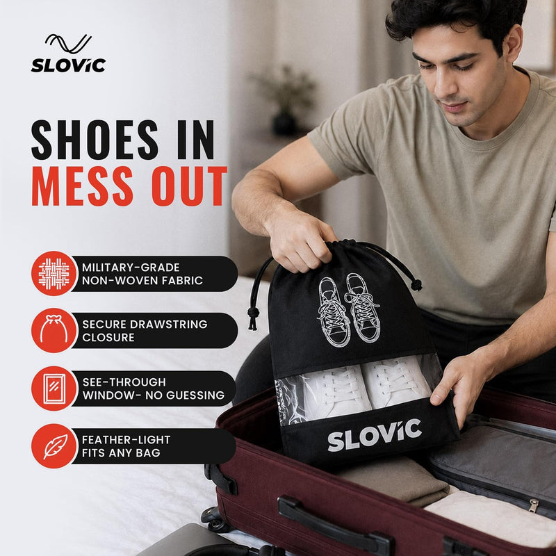 Shoe Bag for Men & Women [Pack of 6] - Travel Shoe Organizer with See-Through Window - Black