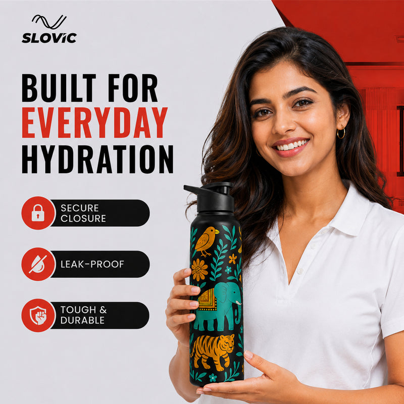 1L Stainless Steel Bottle with Art - India Design, Matt Finish